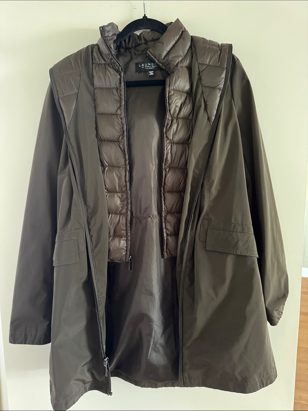Laundry By Shelli Segal Olive Green Hooded Puffer-Trim Coat